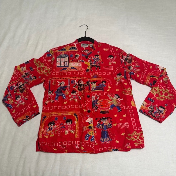 Chico's Tops - Vtg Chicos Design Blouse Button Womens 1 Medium Red Silk Asian 90s Y2K Unique